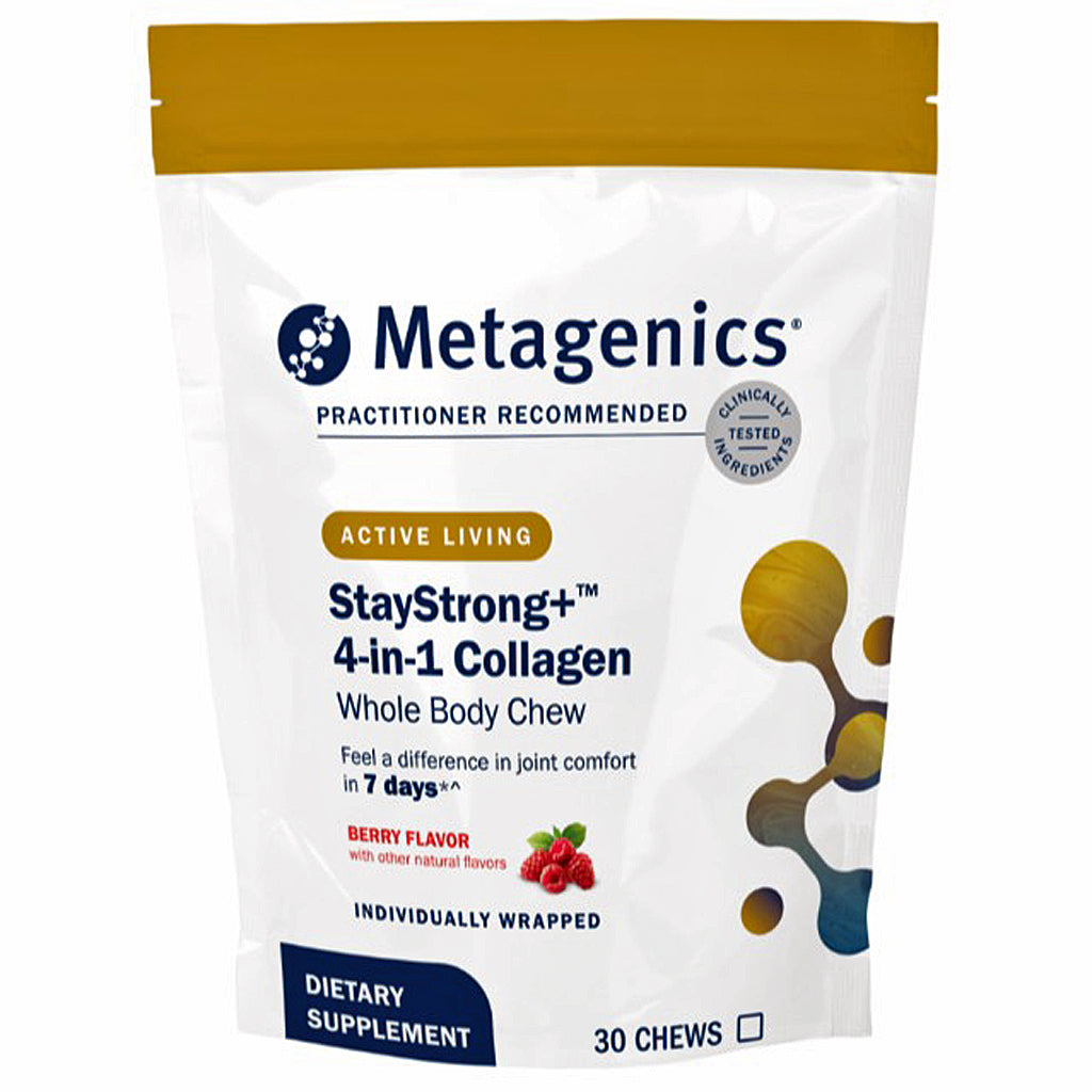 A stand-up pouch of Metagenics StayStrong+ 4-in-1 Collagen whole body chew dietary supplement, berry flavor, on a plain white background.