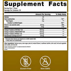 A Supplement Facts label for a gluten-free, non-GMO supplement powder. The label features a white top section with black text detailing serving size, calories, nutrients, and ingredients, and a brown bottom section with icons indicating gluten-free and non-GMO features.