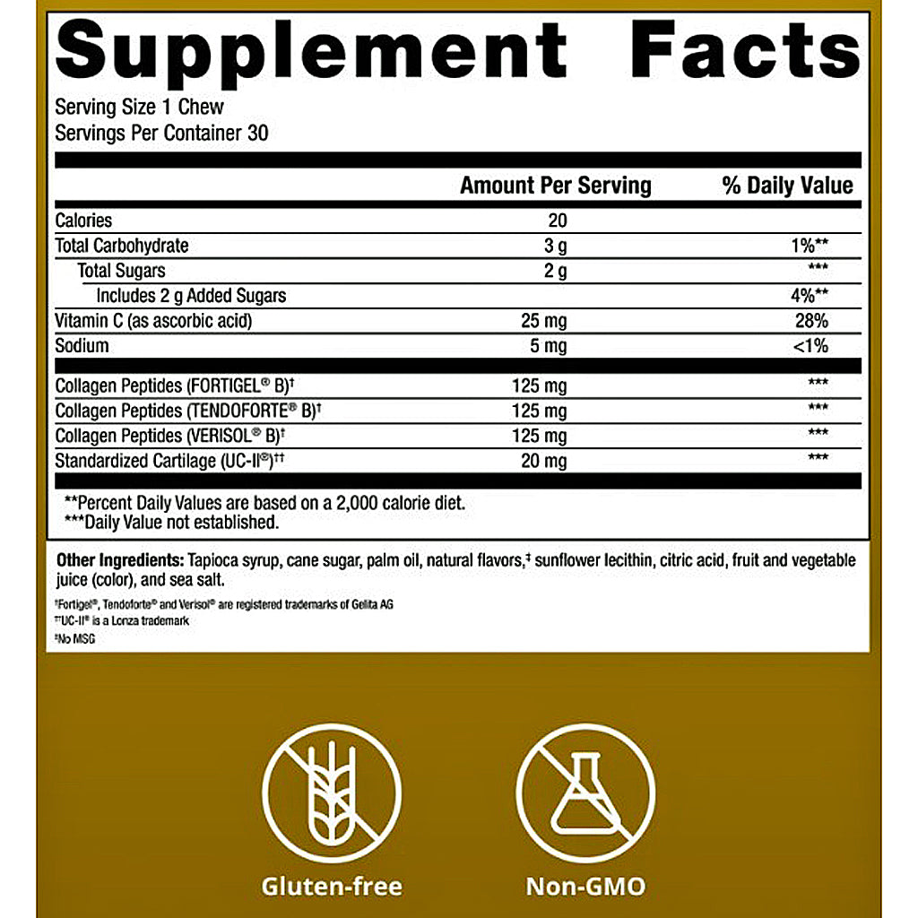 A Supplement Facts label for a gluten-free, non-GMO supplement powder. The label features a white top section with black text detailing serving size, calories, nutrients, and ingredients, and a brown bottom section with icons indicating gluten-free and non-GMO features.