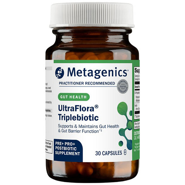 Metagenics UltraFlora Triplebiotic supplement bottle on a white background
