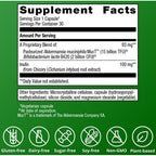 Supplement facts label with ingredients and nutritional information on a green background