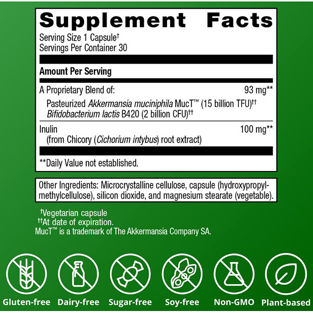 Supplement facts label with ingredients and nutritional information on a green background