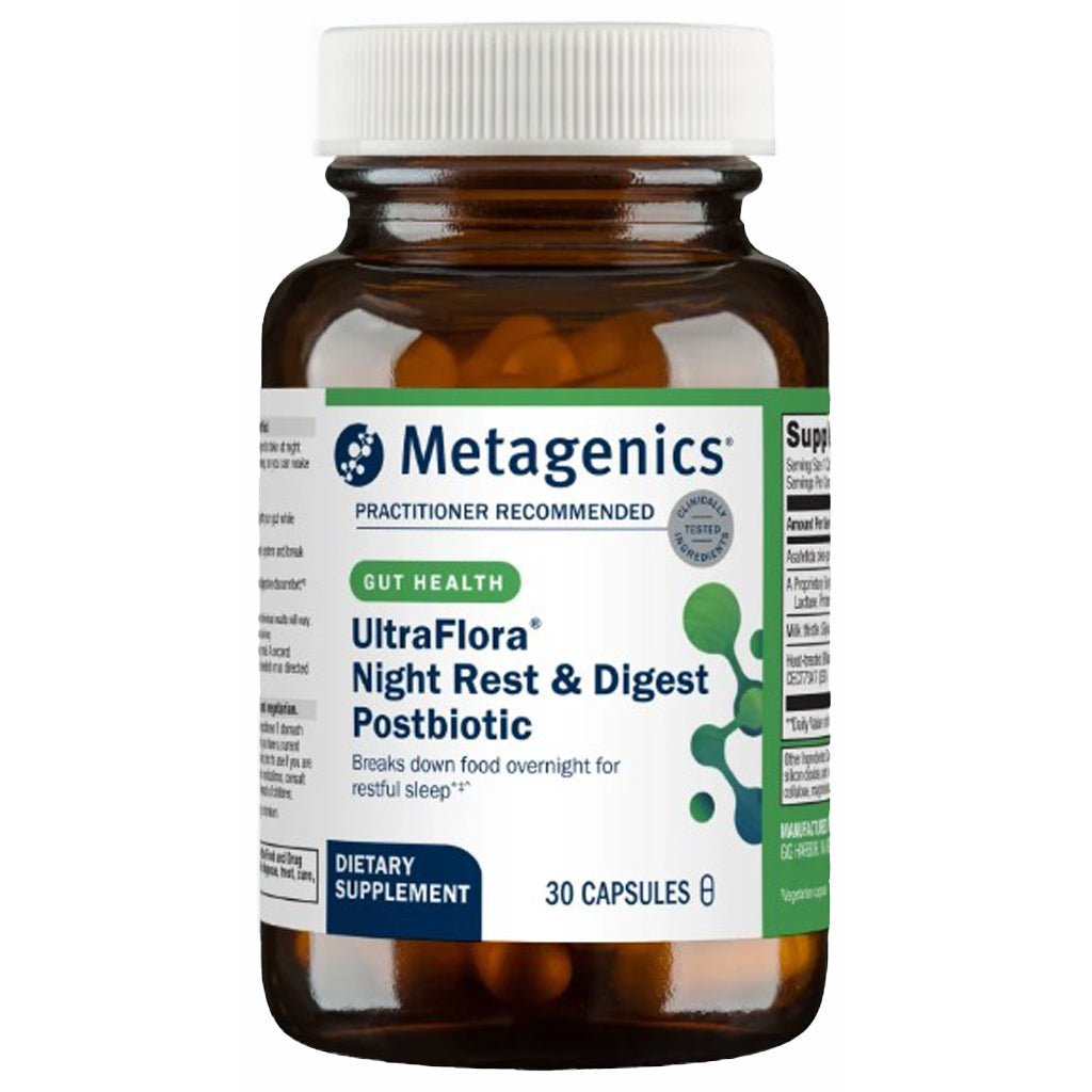 A bottle of Metagenics UltraFlora Night Rest & Digest Postbiotic dietary supplement, containing 30 capsules, on a solid white background.
