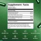 A supplement facts label centered on a green textured background with scattered green capsules. The label lists ingredients and claims such as allergen-free, sugar-free, vegetarian, no preservatives, non-GMO, gluten-free, dairy-free, and no fillers.