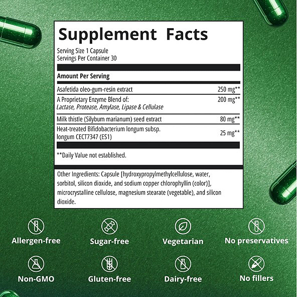 A supplement facts label centered on a green textured background with scattered green capsules. The label lists ingredients and claims such as allergen-free, sugar-free, vegetarian, no preservatives, non-GMO, gluten-free, dairy-free, and no fillers.