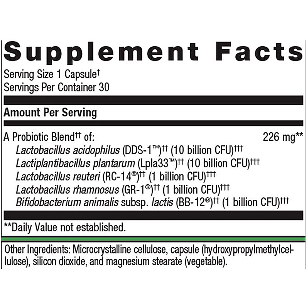 Supplement facts label for a probiotic blend on a white background