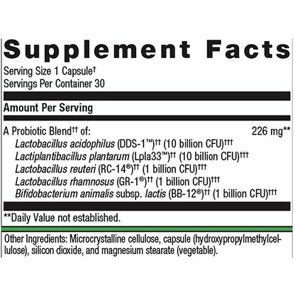 Supplement facts label for a probiotic blend on a white background