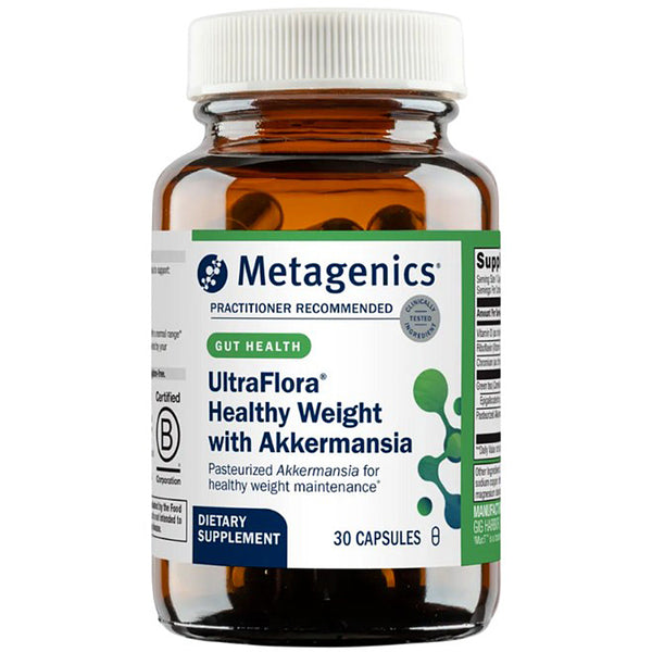 Metagenics UltraFlora Healthy Weight with Akkermansia dietary supplement bottle on a white background