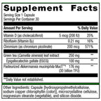 Supplement facts label with various nutrients listed on a white background
