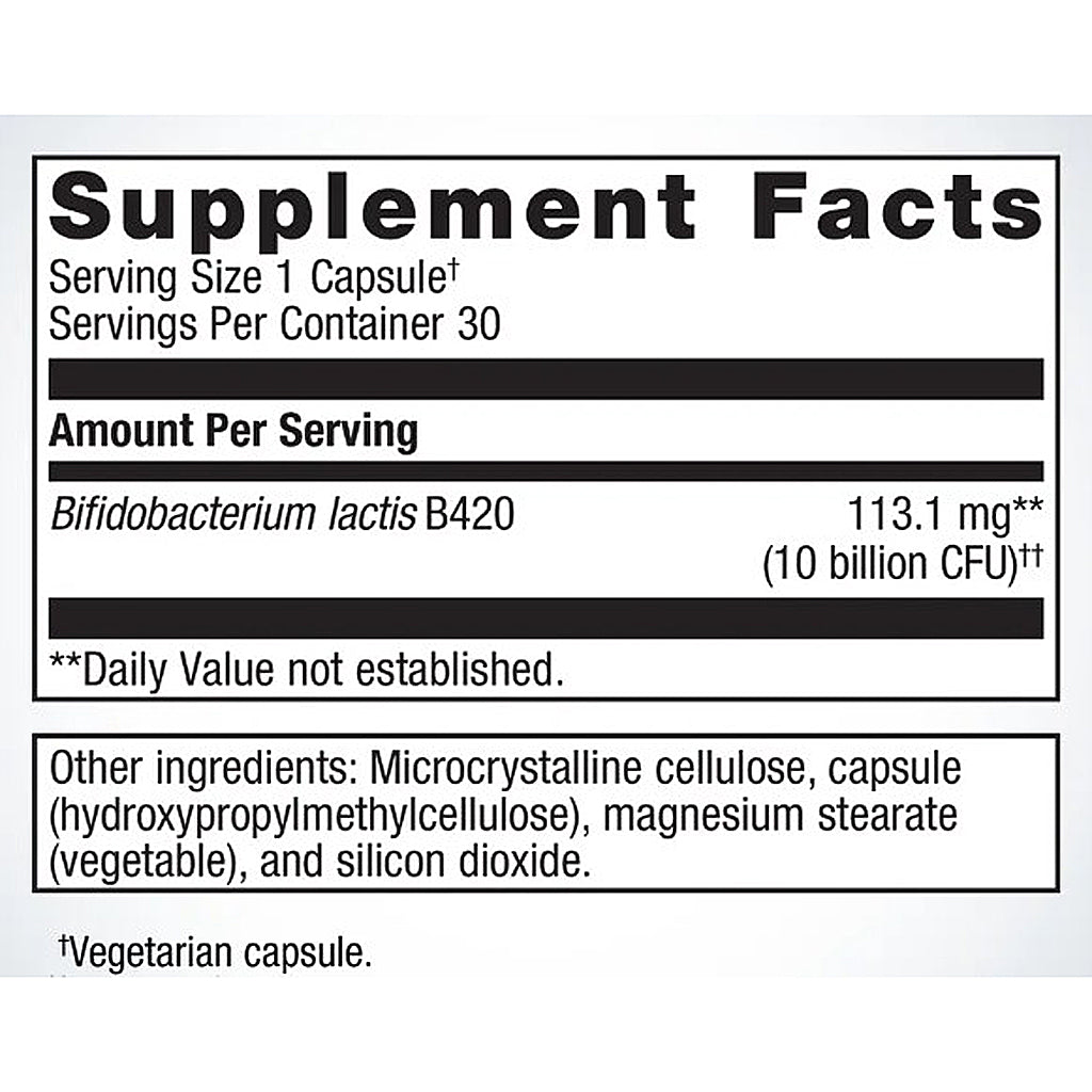 Supplement facts label for Bifidobacterium lactis B420 on a white background