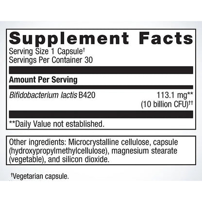 Supplement facts label for Bifidobacterium lactis B420 on a white background
