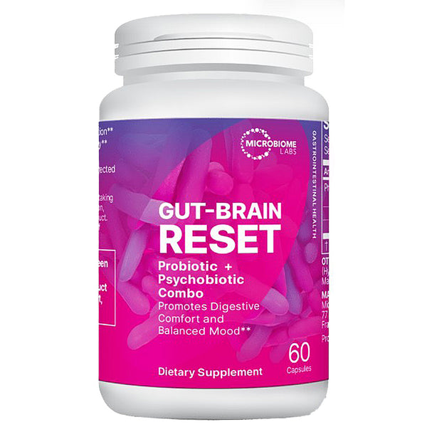 Supplement bottle labeled 'Gut-Brain Reset' with purple and white design on a white background