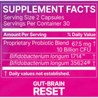 Supplement facts label for a product called 'Gut-Brain Reset' with pink background and white text.