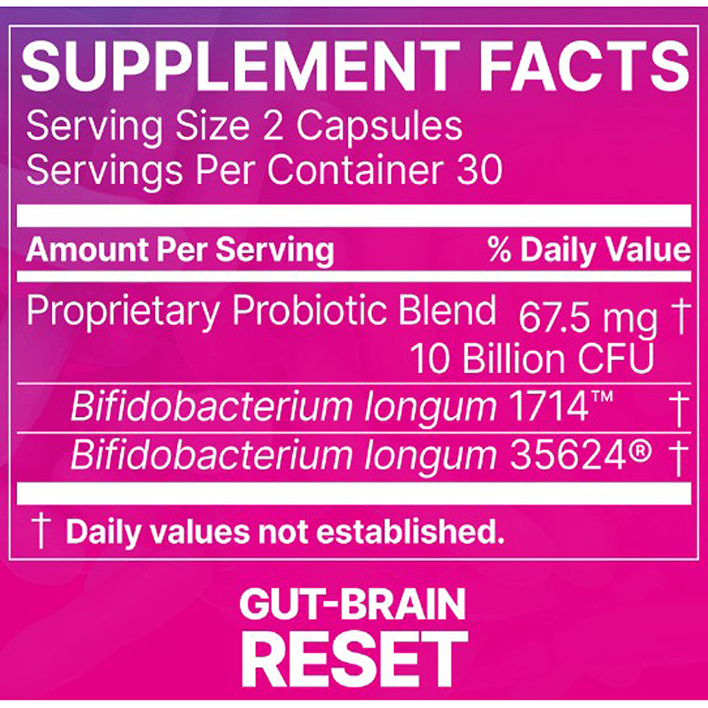 Supplement facts label for a product called 'Gut-Brain Reset' with pink background and white text.
