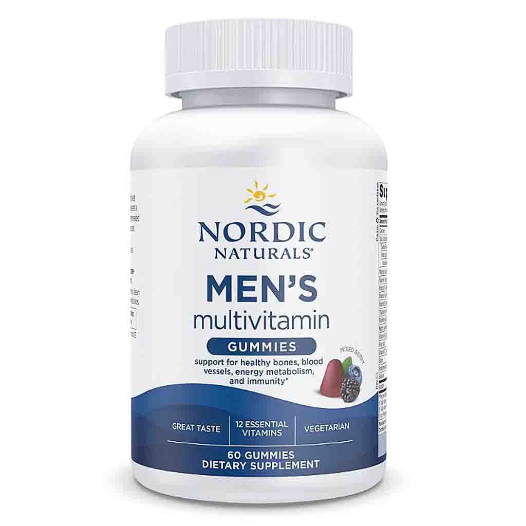 A white plastic bottle of Nordic Naturals Men's Multivitamin Gummies on a clean white background.