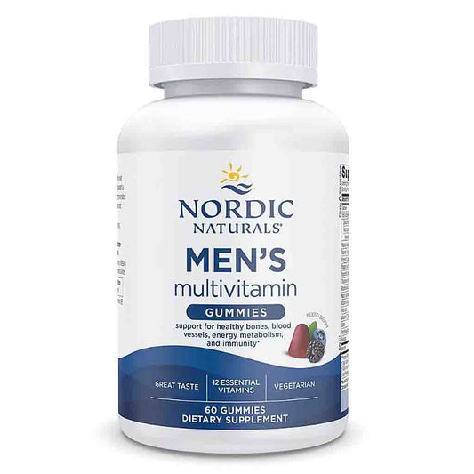 A white plastic bottle of Nordic Naturals Men's Multivitamin Gummies on a clean white background.