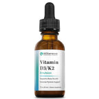 A 1 fl oz amber glass dropper bottle of BioGenesis Vitamin D3/K2 Emulsion, featuring a white label with blue and green accents and a black dropper cap, set against a plain white background.
