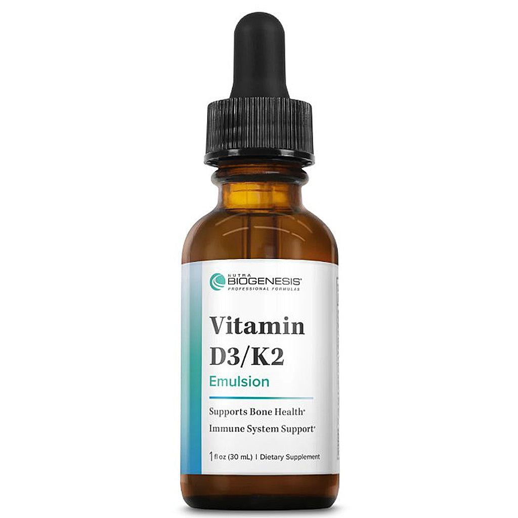 A 1 fl oz amber glass dropper bottle of BioGenesis Vitamin D3/K2 Emulsion, featuring a white label with blue and green accents and a black dropper cap, set against a plain white background.