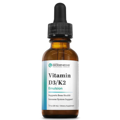 A 1 fl oz amber glass dropper bottle of BioGenesis Vitamin D3/K2 Emulsion, featuring a white label with blue and green accents and a black dropper cap, set against a plain white background.