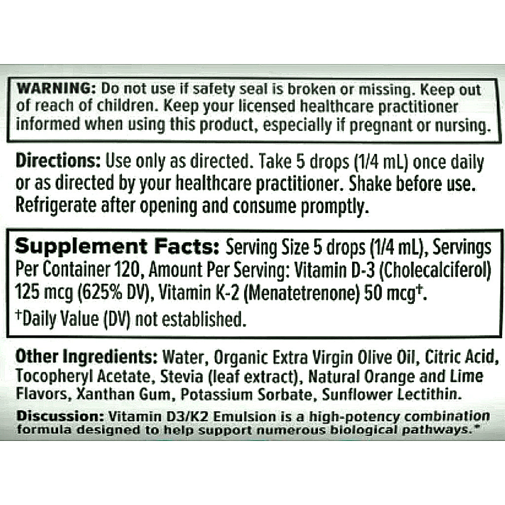 A close-up of a black label with white text detailing product instructions, warning, supplement facts, and ingredients for Vitamin D-3 and K-2 emulsion.