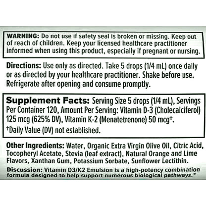 A close-up of a black label with white text detailing product instructions, warning, supplement facts, and ingredients for Vitamin D-3 and K-2 emulsion.