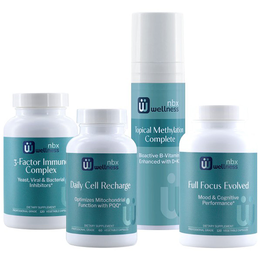 Collection of nbx wellness supplement bottles on a white background