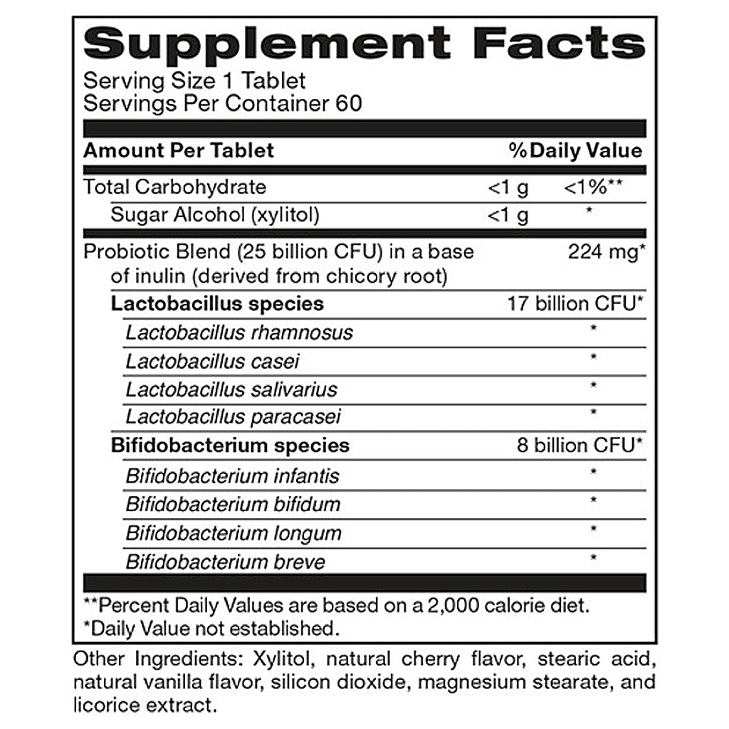 Supplement facts label for a probiotic product with detailed information on ingredients and nutritional content.