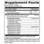 Supplement facts label for a probiotic product with detailed information on ingredients and nutritional content.