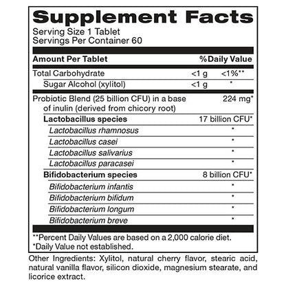 Supplement facts label for a probiotic product with detailed information on ingredients and nutritional content.
