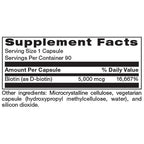 Supplement facts label for a biotin capsule with serving size, servings per container, and ingredient list.