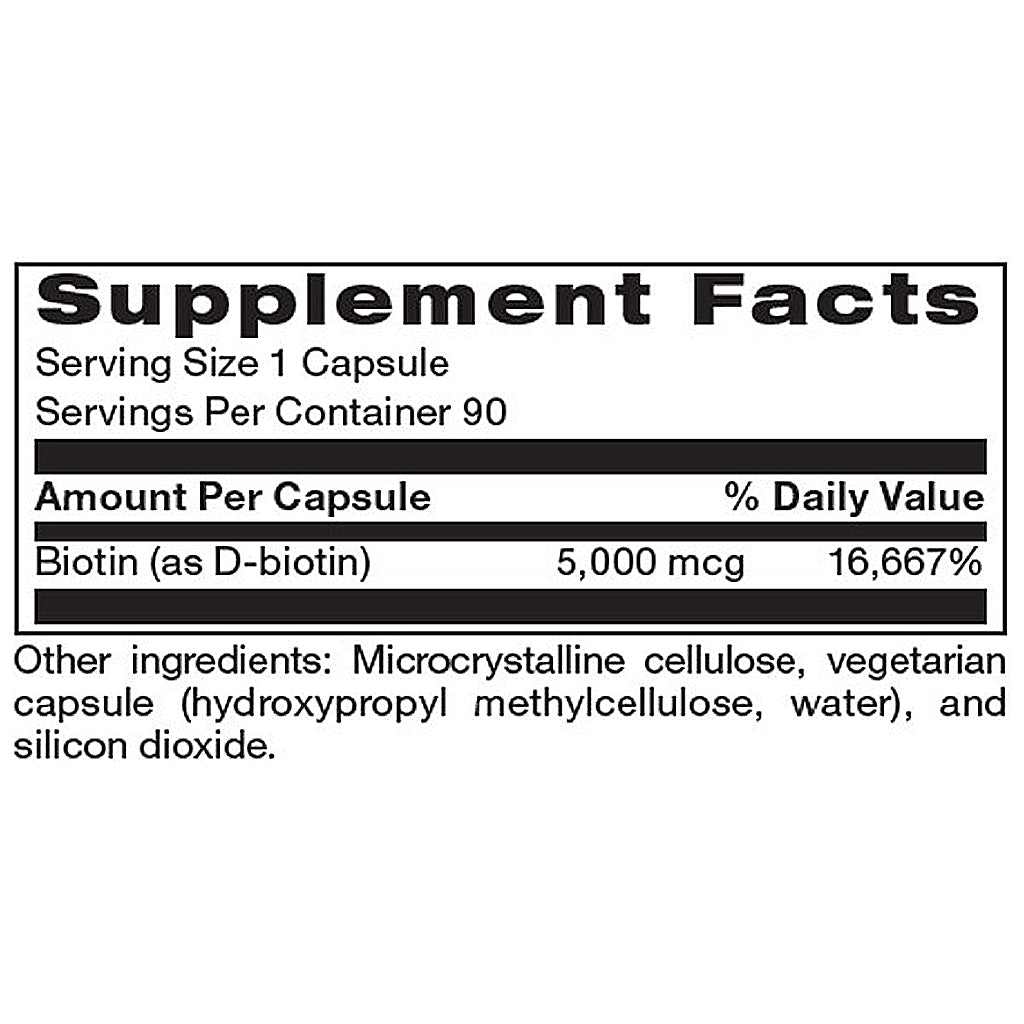 Supplement facts label for a biotin capsule with serving size, servings per container, and ingredient list.