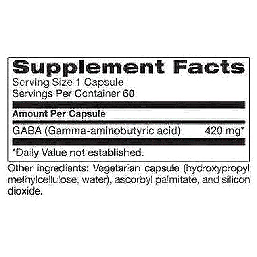 Supplement facts label for a capsule with GABA content on a white background