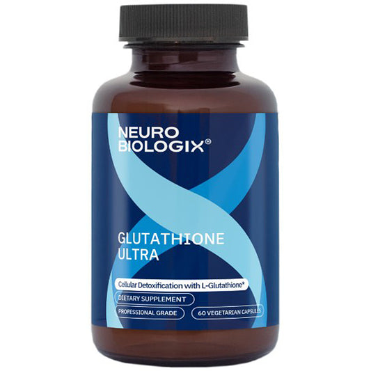 A bottle of Neuro Biologix Glutathione Ultra dietary supplement, featuring a dark amber brown bottle with a black cap and a blue and light blue label.