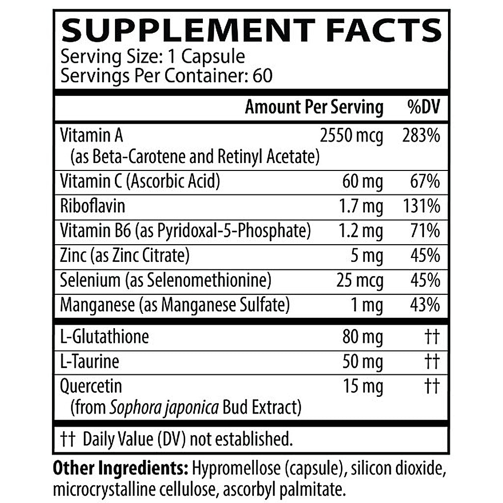 A black and white supplement facts label showing a list of nutrients and ingredients with serving size and daily value percentages.