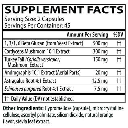 Supplement facts label with various extracts and their amounts per serving.