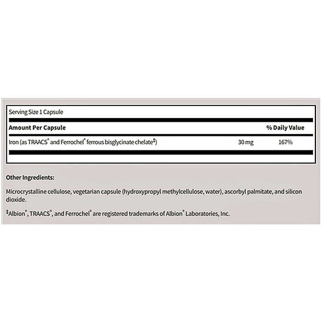 Nutritional label for a supplement capsule with iron content on a white background