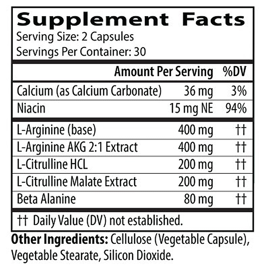 Supplement facts label with various nutrients and their amounts per serving.