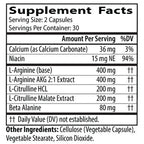 Supplement facts label with various nutrients and their amounts per serving.