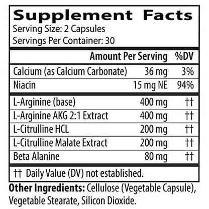 Supplement facts label with various nutrients and their amounts per serving.