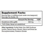 Supplement facts label for a product with glutathione content on a white background
