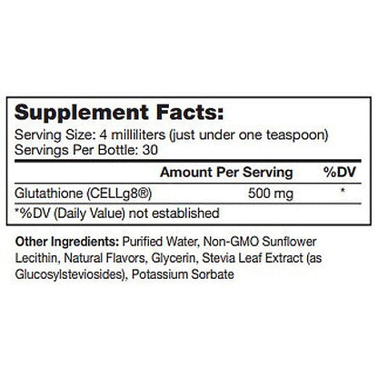 Supplement facts label for a product with glutathione content on a white background