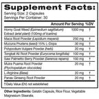 Supplement facts label with various herbal ingredients and their amounts per serving.
