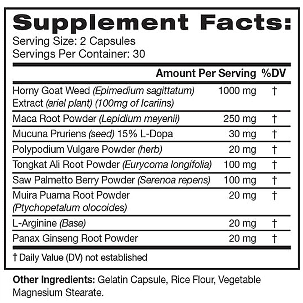 Supplement facts label with various herbal ingredients and their amounts per serving.