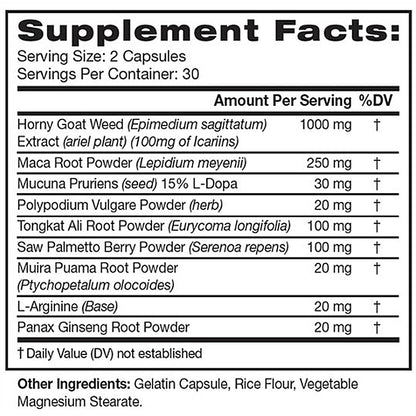 Supplement facts label with various herbal ingredients and their amounts per serving.