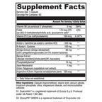 Supplement facts label with various vitamins and extracts on a white background