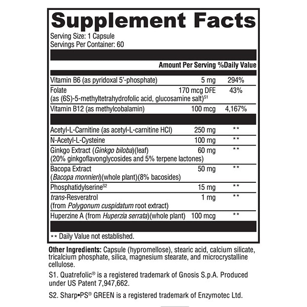 Supplement facts label with various vitamins and extracts on a white background