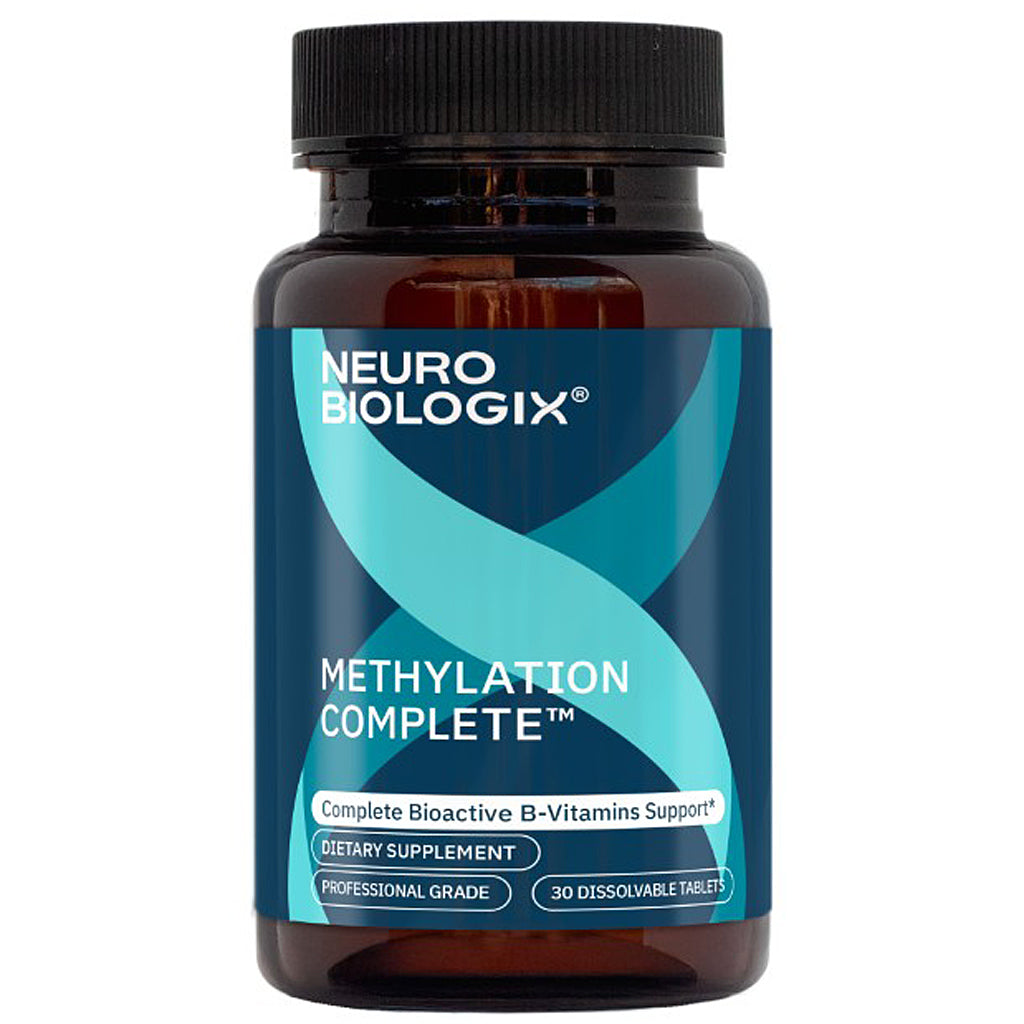A bottle of Neuro Biolox Methylation Complete dietary supplement, featuring a dark amber brown bottle with a black cap and a blue and teal label.