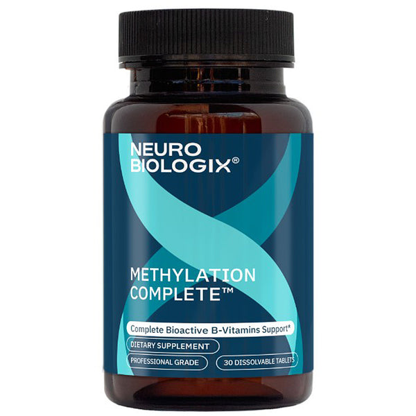 A bottle of Neuro Biolox Methylation Complete dietary supplement, featuring a dark amber brown bottle with a black cap and a blue and teal label.