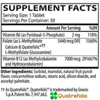 A supplement facts label for Quatrefoil, showing serving size 1 tablet, 30 servings per container, with listed nutrients including Vitamin B6, folate, and Vitamin B12, plus other ingredients and the Quatrefoil brand name and green clover logo.