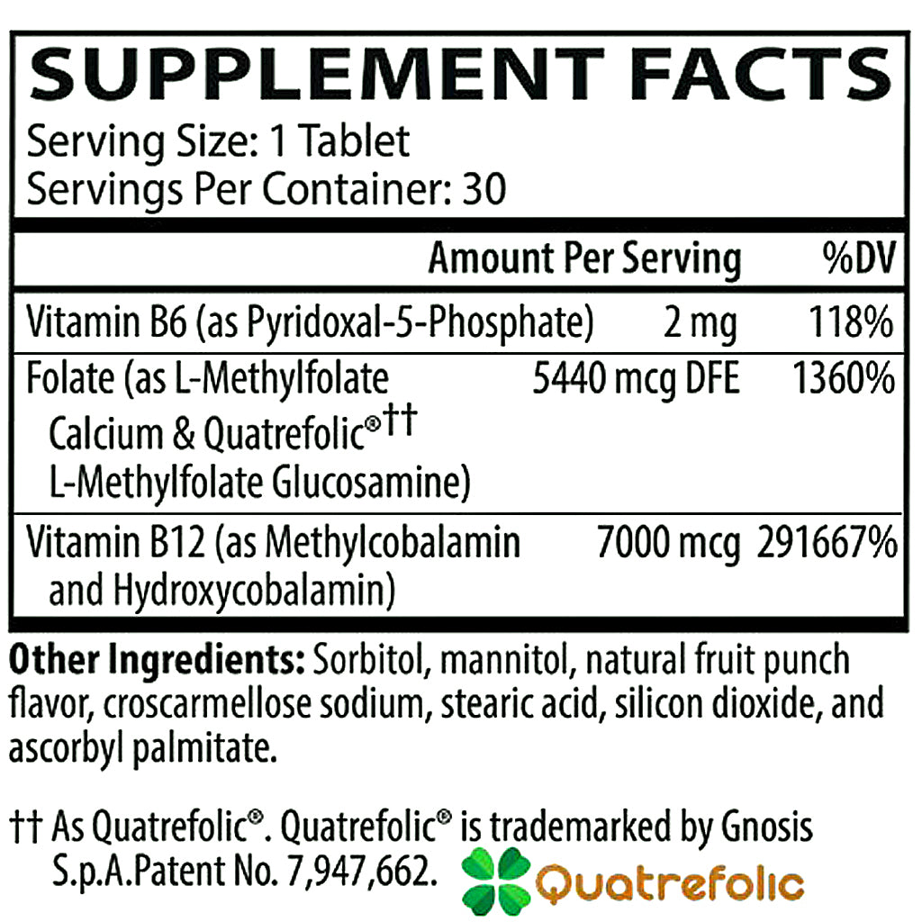 A supplement facts label for Quatrefoil, showing serving size 1 tablet, 30 servings per container, with listed nutrients including Vitamin B6, folate, and Vitamin B12, plus other ingredients and the Quatrefoil brand name and green clover logo.